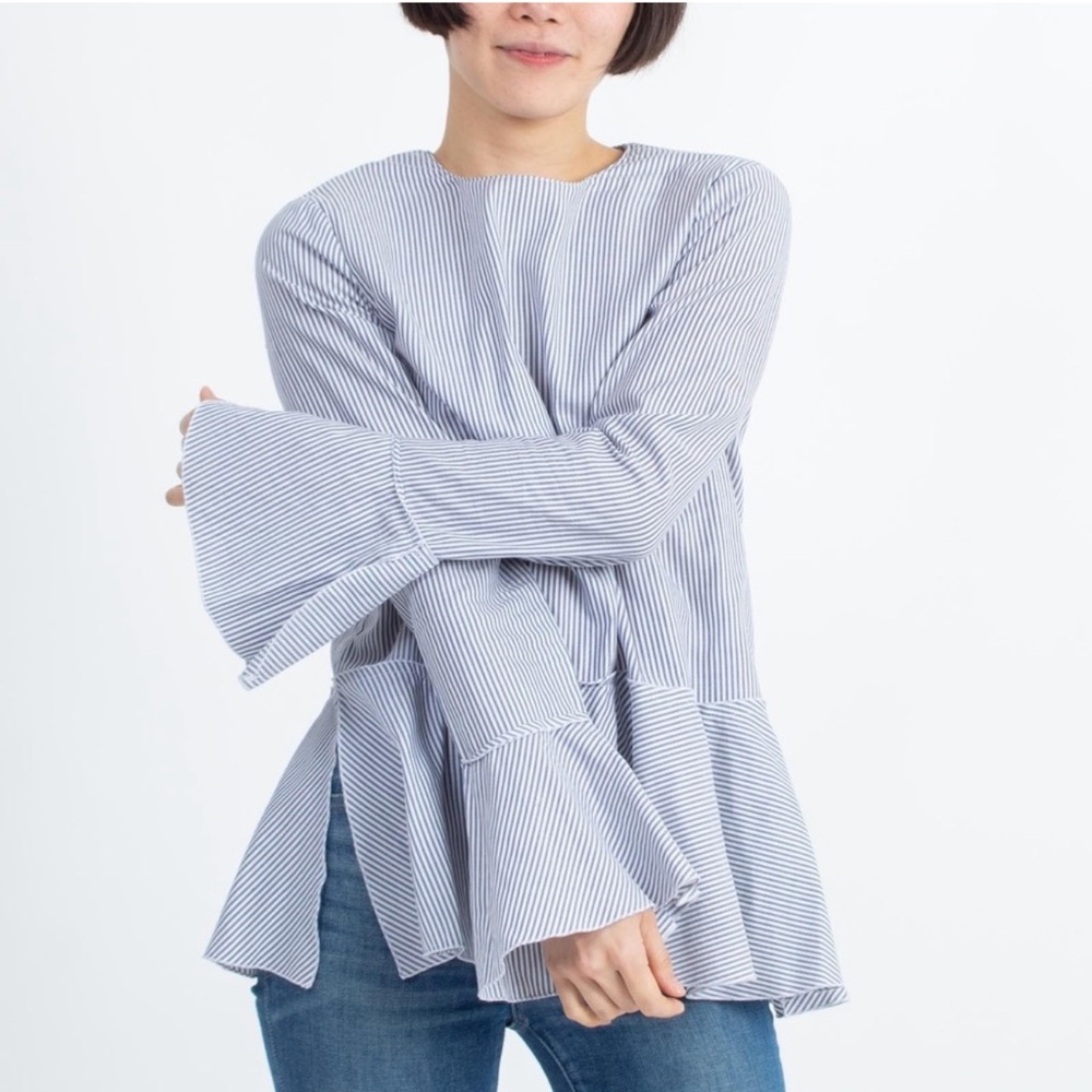 Theory Lexanda Cotton Striped Peplum Top Long Sleeve Ruffle Shirt Blouse Small - Picture 2 of 13